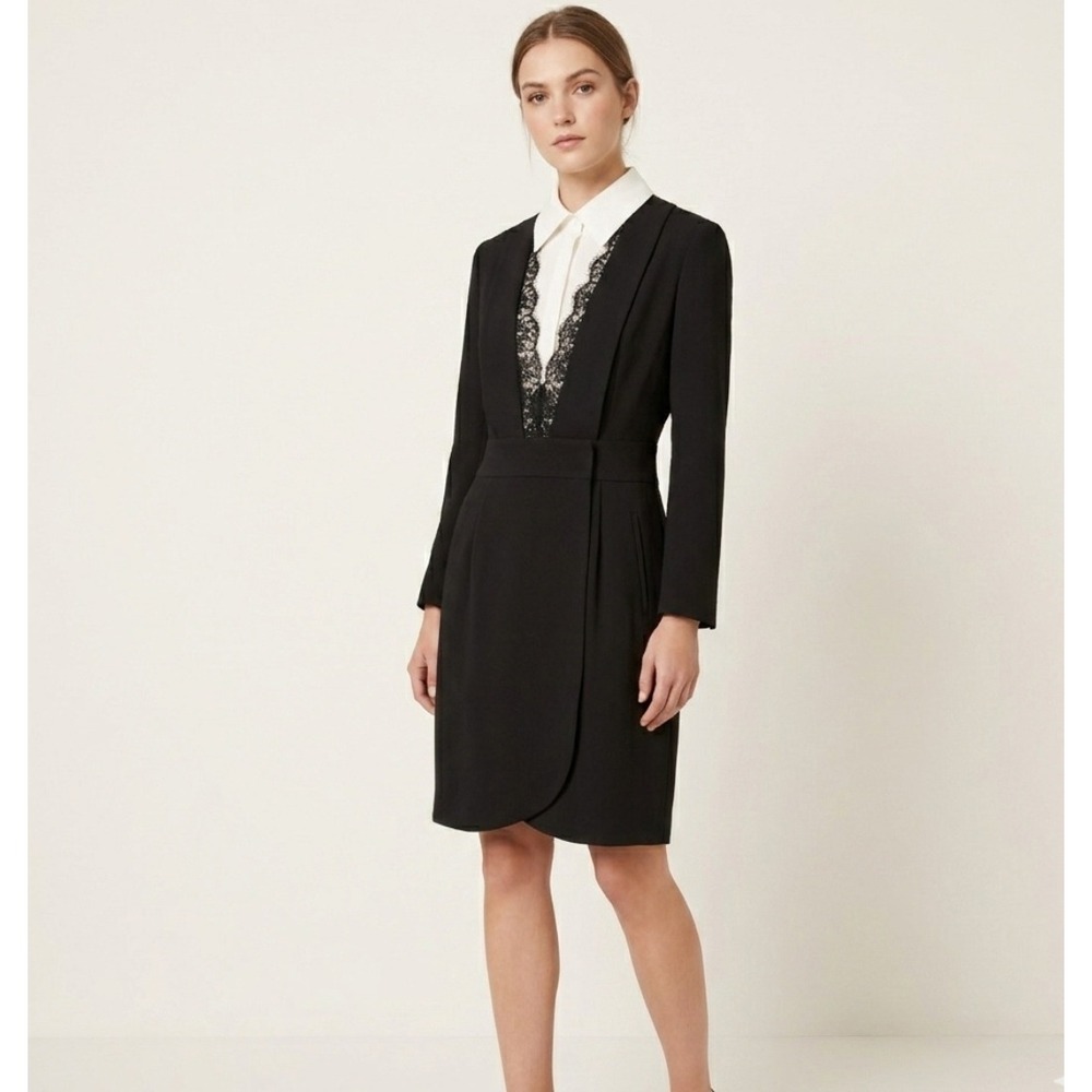 NWT Aijek Tuxedo Dress Black Cream Size 3 Removable Collar Lace Long Sleeves